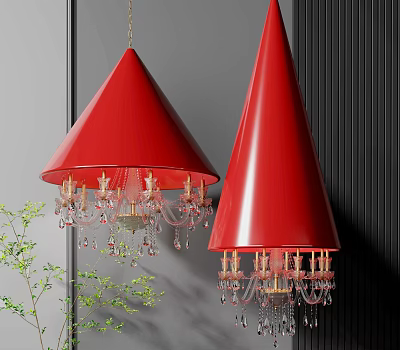 Two Red Cone Shaped Chandeliers With Crystal Decorations In Modern Interior 3d model Two Red Cone Shaped Chandeliers With Crystal Decorations In Modern Interior 3d model