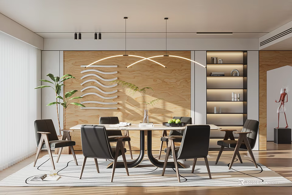 Elegant Modern Restaurant Interior With Open Concept Wooden Wall Dining Table And Pendant Lights 3d model 