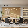 Elegant Modern Restaurant Interior With Open Concept Wooden Wall Dining Table And Pendant Lights