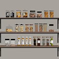 Organized Food Storage Shelves With Glass Jars Containing Nuts Grains And Pasta