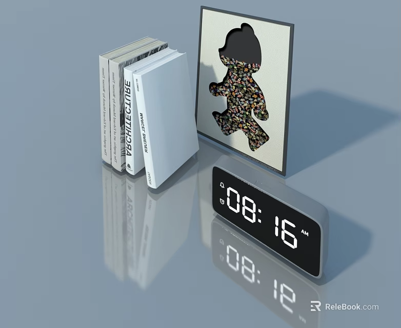 Elegant Hinged Door Bookshelf Display With Books Artwork And Digital Clock 3d model 