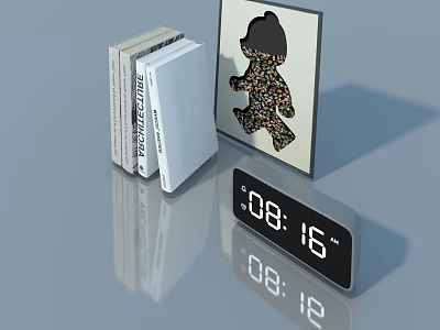 Elegant Hinged Door Bookshelf Display With Books Artwork And Digital Clock 3d model