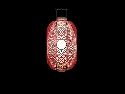 Red Traditional Chinese Lantern with Intricate Cutout Patterns and Central Round Light 3d model