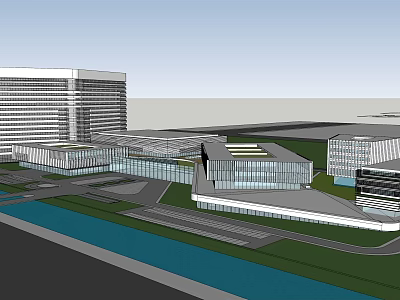 Modern Architectural Complex With Glass Facades Green Spaces And Water Features 3d model
