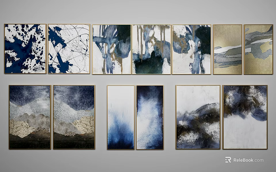 Modern Abstract Paintings Collection With Blue Black White Tones And Brush Strokes 3d model 