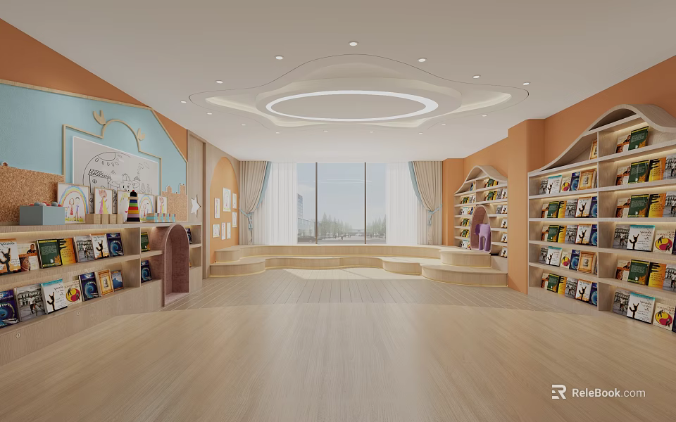 School Bright Reading Space With Bookshelves Large Windows And Educational Books For Students 3d model 