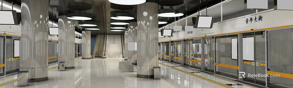Modern Subway Station Interior Featuring Stainless Steel Columns Circular Ceiling Lights Platform Train And Staircase 3d model