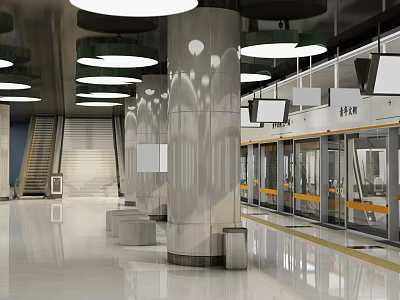 Modern Subway Station Interior Featuring Stainless Steel Columns Circular Ceiling Lights Platform Train And Staircase 3d model