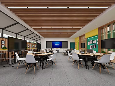 School Modern Classroom With Wooden Ceiling Large Screen And Decorative Wall 3d model