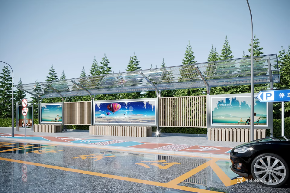 Modern Bus Station With Glass Canopy Green Trees Billboards And Wet Road Near Black Car 3d model 