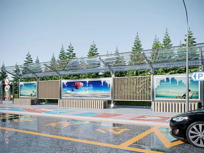 Modern Bus Station With Glass Canopy Green Trees Billboards And Wet Road Near Black Car 3d model