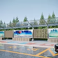 Modern Bus Station With Glass Canopy Green Trees Billboards And Wet Road Near Black Car