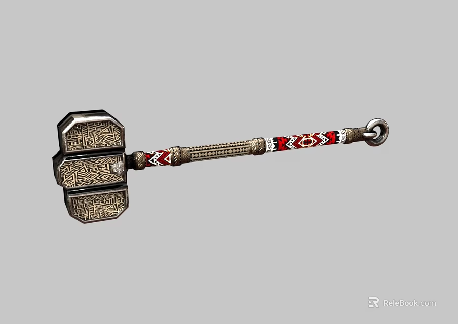 Traditional Decorative Weapon Hammer With Metal Head Carved Patterns And Red White Woven Handle 3d model 