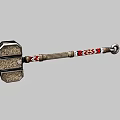 Traditional Decorative Weapon Hammer With Metal Head Carved Patterns And Red White Woven Handle