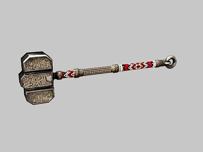 Traditional Decorative Weapon Hammer With Metal Head Carved Patterns And Red White Woven Handle 3d model