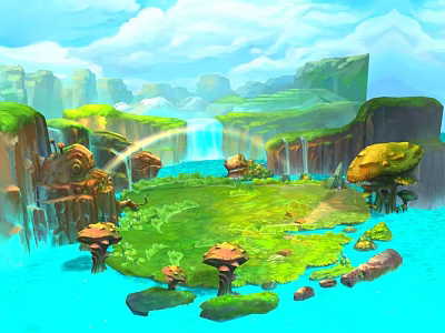 Stunning Scenic Landscape With Green Island Blue Waters Waterfall Rainbow And Mushroom Plants 3d model