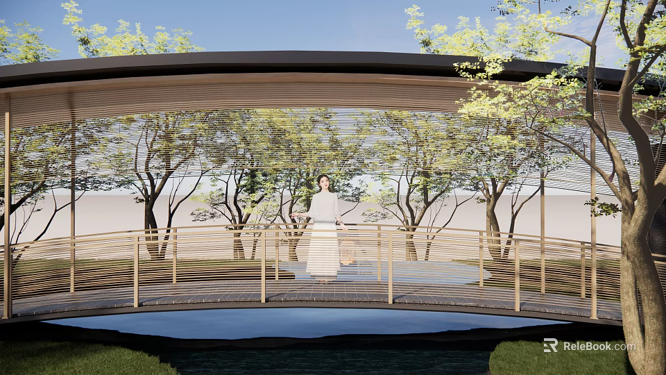Modern Bridge with Wooden Railing Canopy Structure and Person Standing Surrounded by Trees Over Water 3d model 