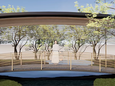 Modern Bridge with Wooden Railing Canopy Structure and Person Standing Surrounded by Trees Over Water 3d model