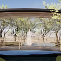 Modern Bridge with Wooden Railing Canopy Structure and Person Standing Surrounded by Trees Over Water