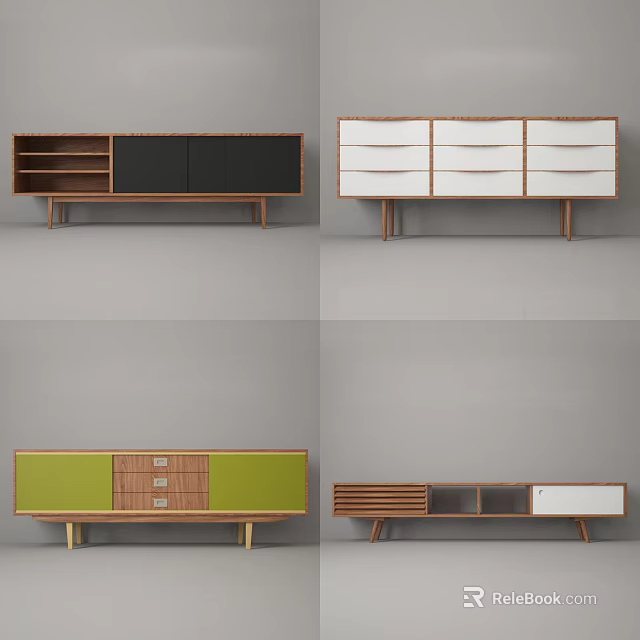 Modern TV Stand Design With Wooden Structure Multiple Colors Drawers And Shelves 3d model 