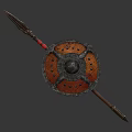 Traditional Weapon Spear And Shield With Wooden Handle Red Accents And Metal Design