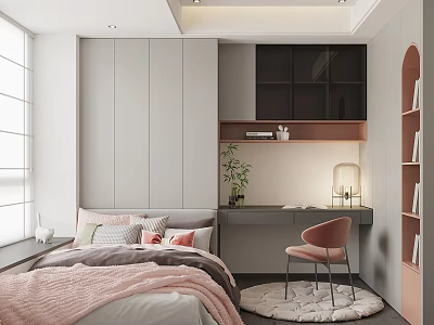Tatami Bedroom With Grey Wardrobes Pink Blanket Pillows Desk Lamp Green Plant And Natural Light 3d model