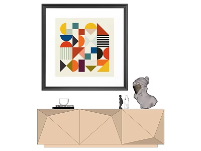Geometric Artwork Black Frame On Beige Cabinet With Dog Cat Figurines Cup And Books 3d model