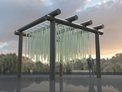 Art Installation With Wooden Frame Hanging Transparent Strips Curtain Effect Sunset Water Reflection 3d model
