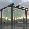 Art Installation With Wooden Frame Hanging Transparent Strips Curtain Effect Sunset Water Reflection