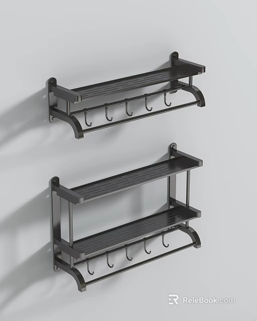 Black Bathroom Wall Mounted Rack With Shelves And Hooks For Storage 3d model
