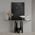 Modern Console Table With Wooden Top Black Geometric Legs Decorative Painting And Dried Flower Vase