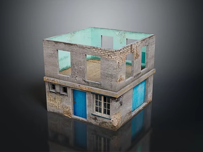 Cartoon Scene Of Old Two Story Brick Building With Blue Doors And Windows 3d model