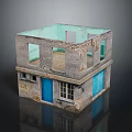 Cartoon Scene Of Old Two Story Brick Building With Blue Doors And Windows