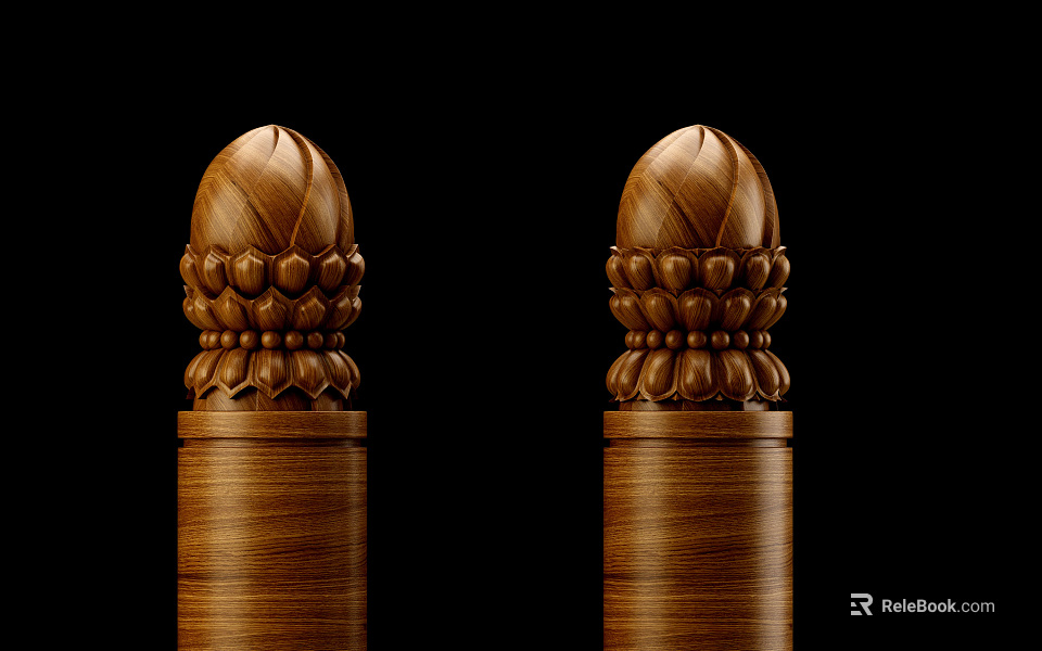 Two Brown Wooden Capitals With Detailed Lotus Carved Patterns On Black Background 3d model 