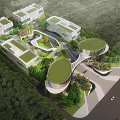 Aerial Planning of Modern Innovation Park with Green Roofs Circular Buildings and Landscaping