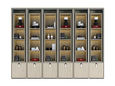 Modern Wooden Display Shelves With Multiple Layers And Organized Storage Items 3d model