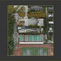 Scenic Campus Landscape With Green Red Playground Wet Surface Buildings And Lush Trees