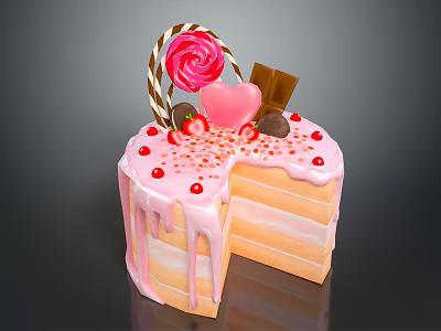 Pink Layered Cake with Strawberries Heart Candy Lollipop Chocolate Dripping Frosting and Red Sprinkles 3d model