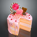 Pink Layered Cake with Strawberries Heart Candy Lollipop Chocolate Dripping Frosting and Red Sprinkles