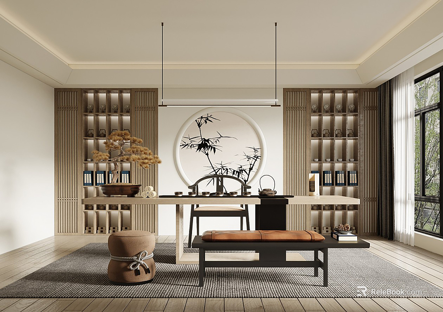 Traditional Chinese Tea Room Interior With Wooden Tea Table Sets Round Art And Shelves 3d model 