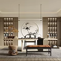 Traditional Chinese Tea Room Interior With Wooden Tea Table Sets Round Art And Shelves