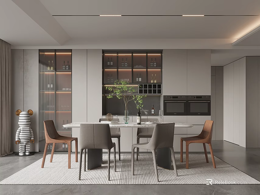 Modern Restaurant Interior With Dining Table Chairs Green Plant Decor And Pendant Lights 3d model 