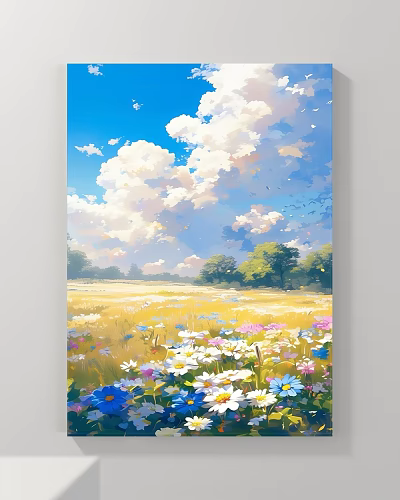Vibrant Landscape Painting With Blue Sky White Clouds Wildflowers And Green Trees 3d model
