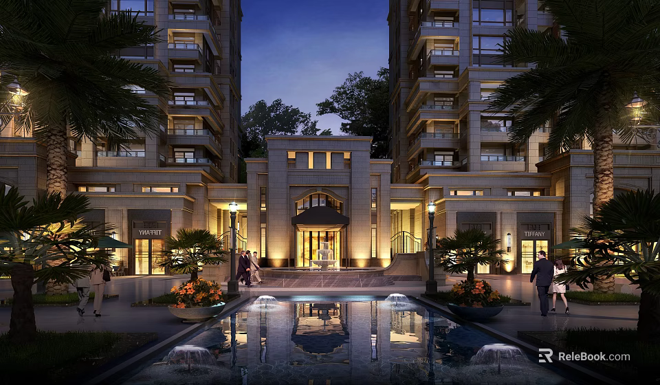 Elegant Modern Residential Entrance Gate With Night Lighting And Water Feature 3d model 