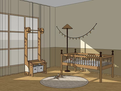 Wooden Baby Crib in Cozy Nursery Room with Floor Lamp Storage Shelf and Round Rug 3d model