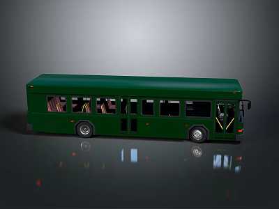 Dark Green Bus with Multiple Windows Doors and Interior Seats on Gray Background with Reflection 3d model