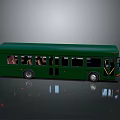 Dark Green Bus with Multiple Windows Doors and Interior Seats on Gray Background with Reflection
