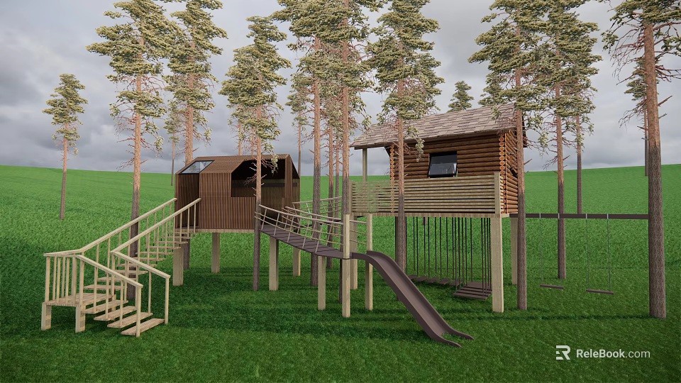 Outdoor Wooden Treehouse Structure With Surrounding Trees Green Grass Slide Stairs And Connecting Platforms 3d model 