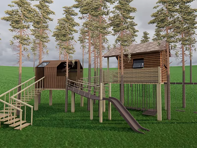 Outdoor Wooden Treehouse Structure With Surrounding Trees Green Grass Slide Stairs And Connecting Platforms 3d model