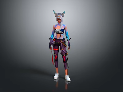 Anime Fantasy Character With Cat Ears Colorful Outfit Striped Pants And White Shoes 3d model